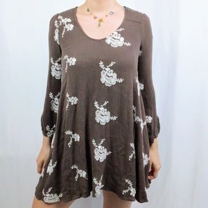 Brown floral embroidered long sleeve dress